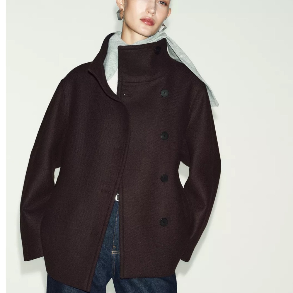 Zara NWT high neck wool blend shirt coat brown 2077/323